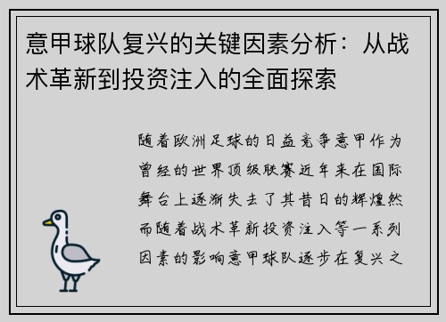 意甲球队复兴的关键因素分析：从战术革新到投资注入的全面探索