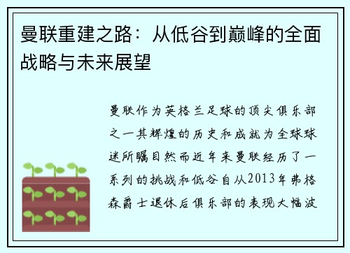 曼联重建之路：从低谷到巅峰的全面战略与未来展望