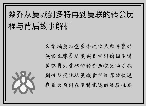 桑乔从曼城到多特再到曼联的转会历程与背后故事解析