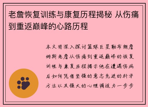 老詹恢复训练与康复历程揭秘 从伤痛到重返巅峰的心路历程